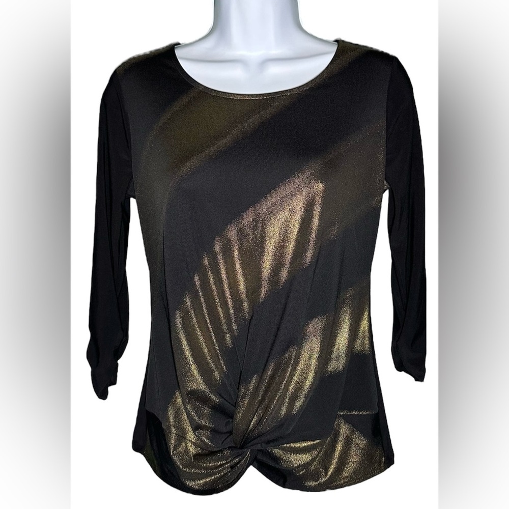 New Directions Black Gold Metallic Shimmer Quarter Sleeve Top Size Petite Small